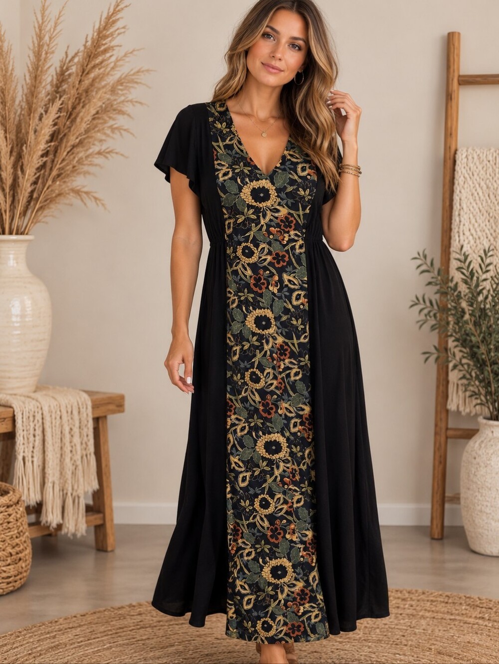468.Young Threads Black Floral V-Neck Maxi Acrilyc Knit Dress Elastic Waist